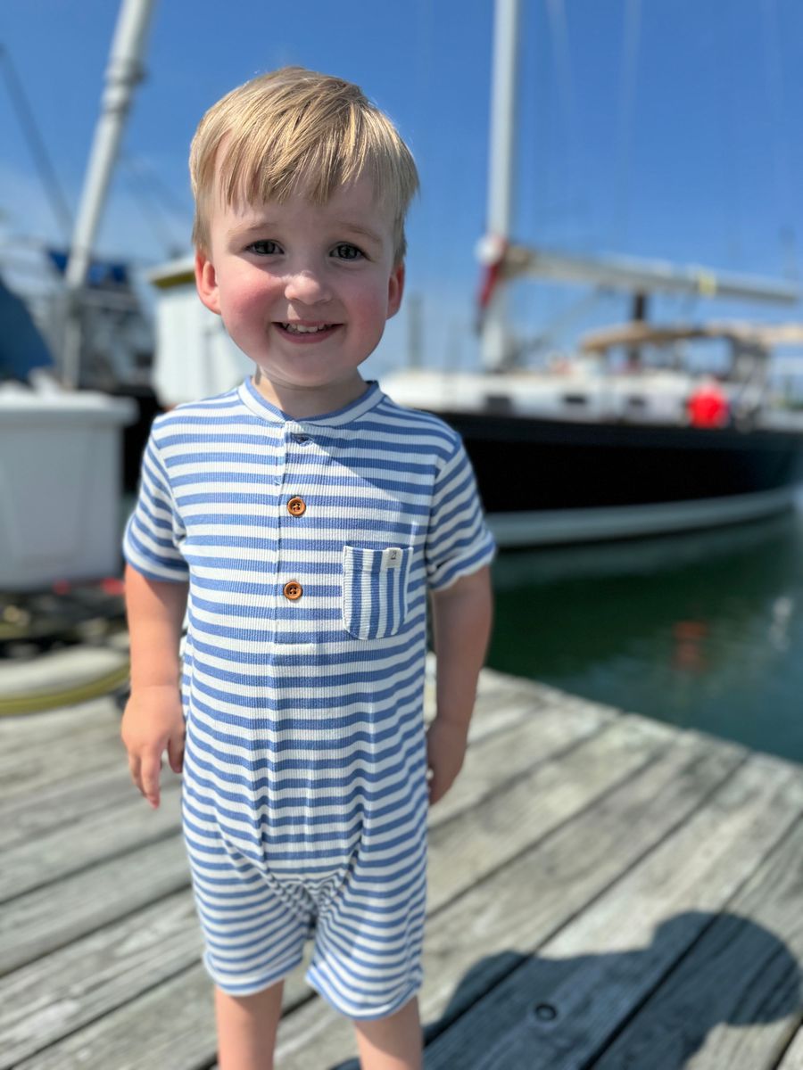 Camborne Romper | Blue/White Stripe Ribbed