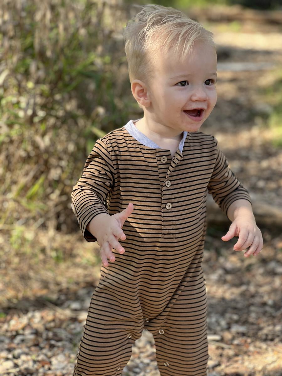 Niota Henley Romper | Tan Stripe