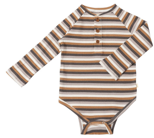 Jackstay Henley Raglan Onesie | Brown Multi Stripe
