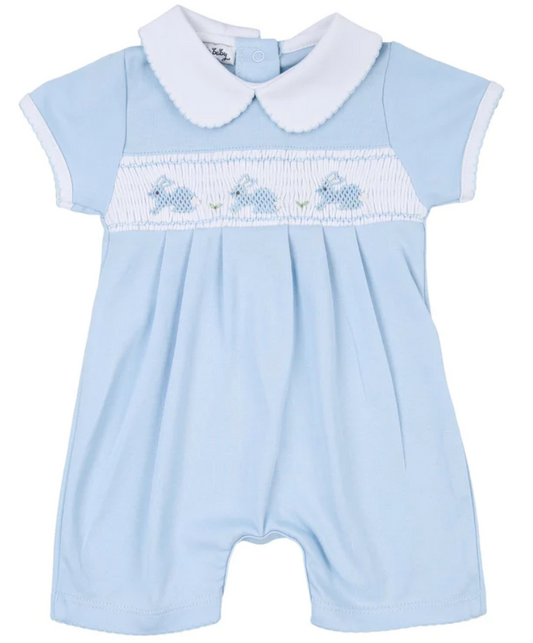Smocked Collared Playsuit | Pastel Blue Bunny