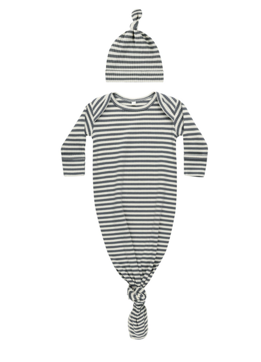 Knotted Gown + Hat Set | Indigo Stripe