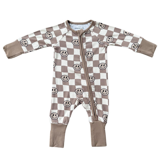 Long Sleeve Zip Romper | Smiley Check In Portabella