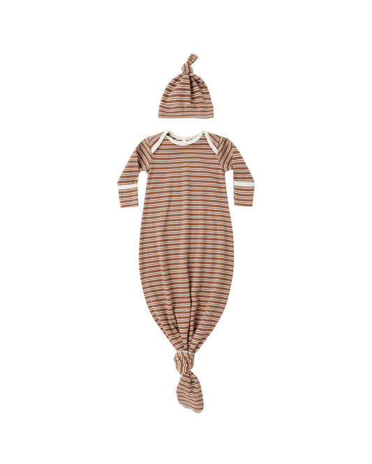 Knotted Baby Gown + Hat Set | Cedar Micro Stripe