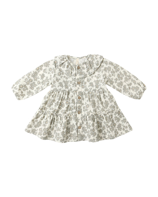 Ruffle Collar Button Dress | Green Floral