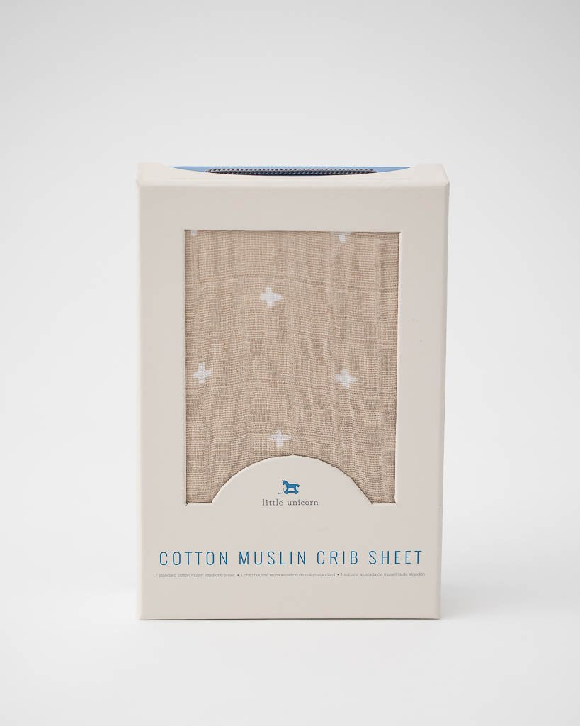 Little Unicorn Muslin Crib Sheet, Taupe Cross